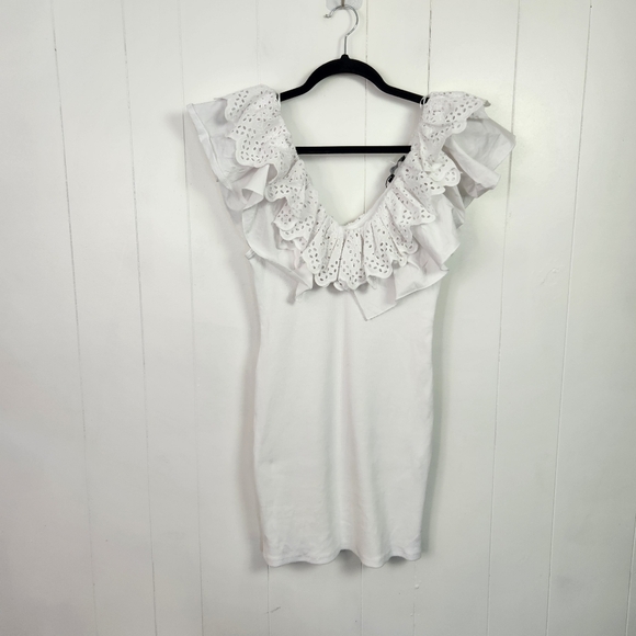 Zara White Eyelet Lace Ruffle Ribbed Mini Dress New Bodycon Size Medium Coquette - Picture 10 of 15